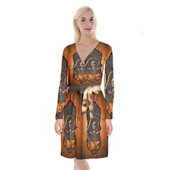 Halloween, Funny Mummy With Pumpkins Long Sleeve Velvet Front Wrap Dress by FantasyWorld7