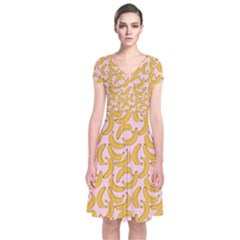 Pastel Pink And Yellow Banana Pattern Short Sleeve Front Wrap Dress by NorthernWhimsy