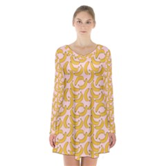 Pastel Pink And Yellow Banana Pattern Long Sleeve Velvet V-neck Dress by NorthernWhimsy