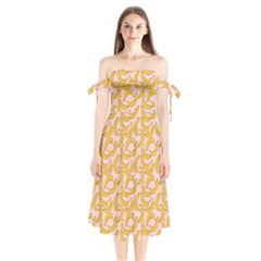 Pastel Pink And Yellow Banana Pattern Shoulder Tie Bardot Midi Dress