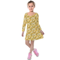 Yellow Banana Pattern Kids  Long Sleeve Velvet Dress