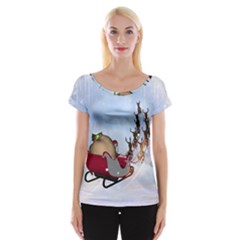 Christmas, Santa Claus With Reindeer Cap Sleeve Tops by FantasyWorld7