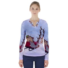 Christmas, Santa Claus With Reindeer V-neck Long Sleeve Top by FantasyWorld7