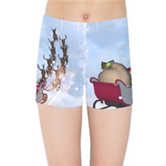 Christmas, Santa Claus With Reindeer Kids Sports Shorts by FantasyWorld7