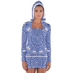 Blue Mandala Art Pattern Long Sleeve Hooded T-shirt