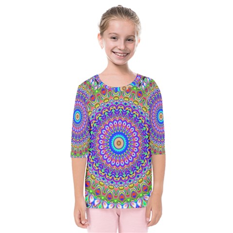 Colorful Purple Green Mandala Pattern Kids  Quarter Sleeve Raglan Tee by paulaoliveiradesign