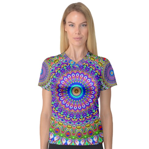 Colorful Purple Green Mandala Pattern V-neck Sport Mesh Tee by paulaoliveiradesign