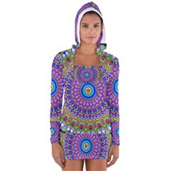 Colorful Purple Green Mandala Pattern Long Sleeve Hooded T-shirt by paulaoliveiradesign