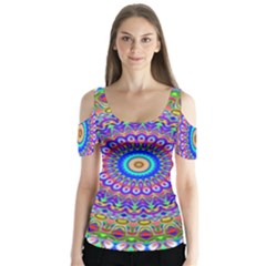 Colorful Purple Green Mandala Pattern Butterfly Sleeve Cutout Tee 