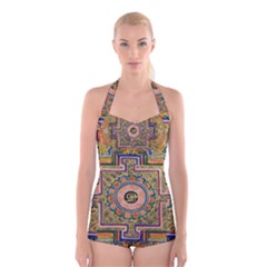 Asian Art Mandala Colorful Tibet Pattern Boyleg Halter Swimsuit  by paulaoliveiradesign