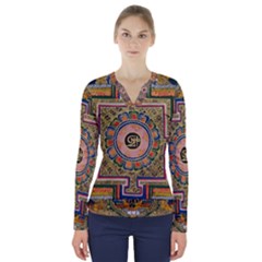 Asian Art Mandala Colorful Tibet Pattern V-neck Long Sleeve Top