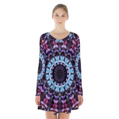 Kaleidoscope Mandala Purple Pattern Art Long Sleeve Velvet V-neck Dress by paulaoliveiradesign