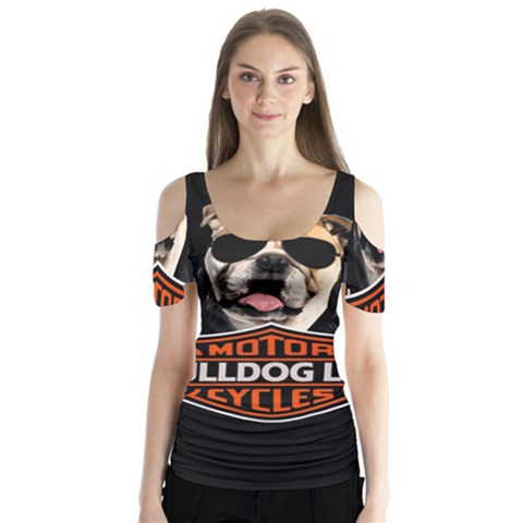 Bulldog Biker Butterfly Sleeve Cutout Tee  by Valentinaart