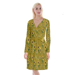 Sunflowers Pattern Long Sleeve Velvet Front Wrap Dress by Valentinaart