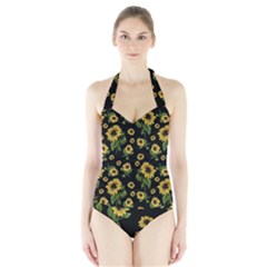 Sunflowers Pattern Halter Swimsuit