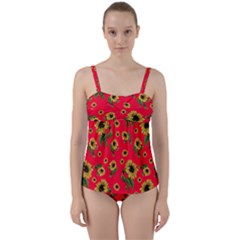 Sunflowers Pattern Twist Front Tankini Set