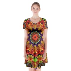 Fractal Mandala Abstract Pattern Short Sleeve V-neck Flare Dress by paulaoliveiradesign