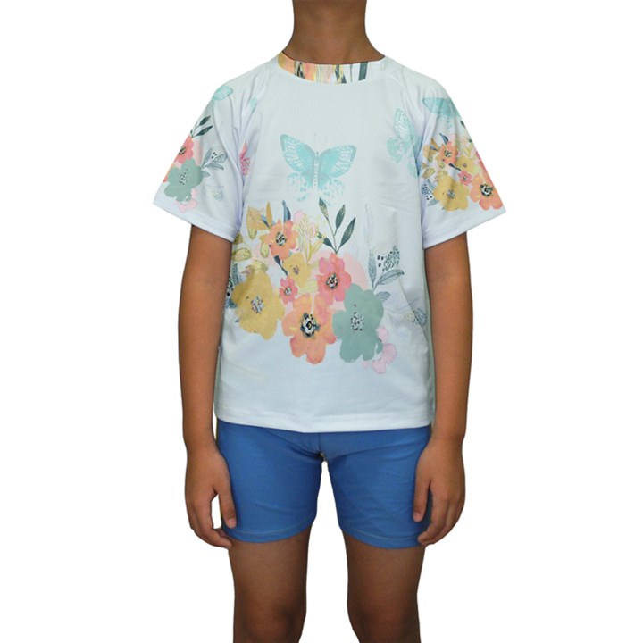 Watercolor Floral Blue Cute Butterfly Illustration Kids  Short Sleeve Swimwear