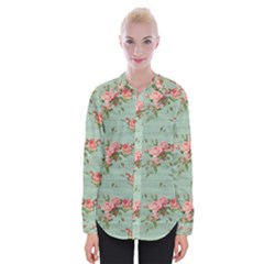 Vintage Blue Wallpaper Floral Pattern Womens Long Sleeve Shirt