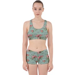 Vintage Blue Wallpaper Floral Pattern Work It Out Sports Bra Set