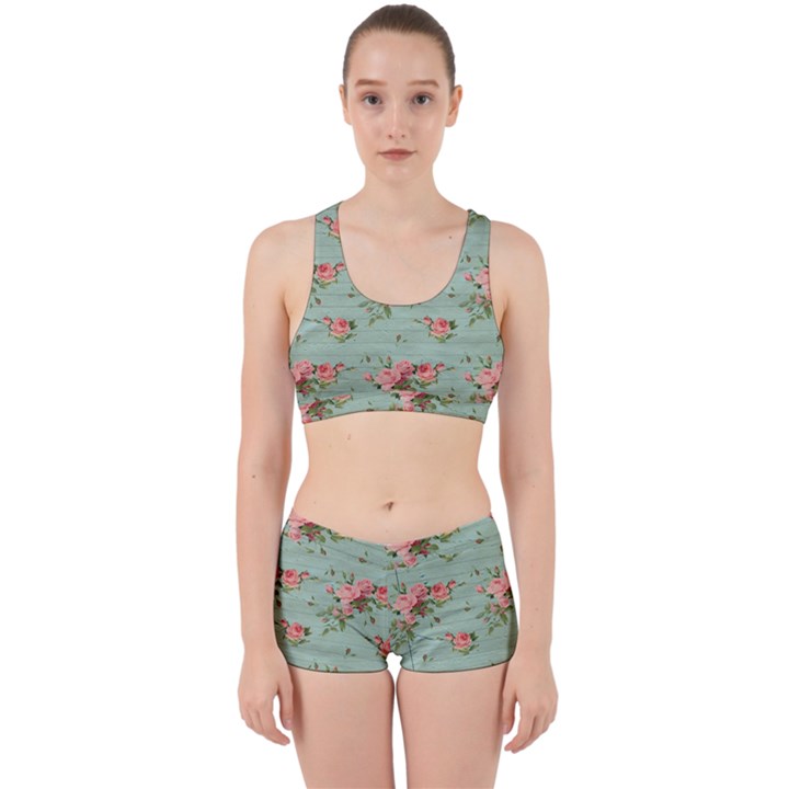 Vintage Blue Wallpaper Floral Pattern Work It Out Sports Bra Set