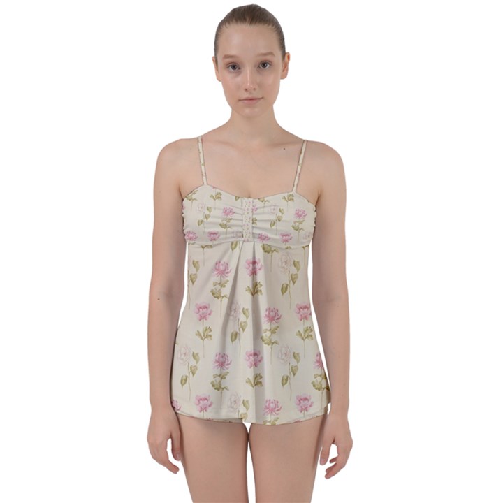 Floral Paper Illustration Girly Pink Pattern Babydoll Tankini Set