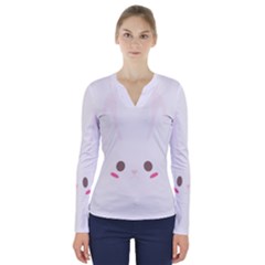 Rabbit Cute Animal White V-Neck Long Sleeve Top