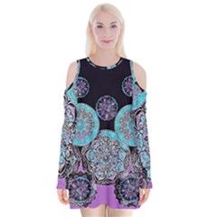 Mandalas Design Velvet Long Sleeve Shoulder Cutout Dress