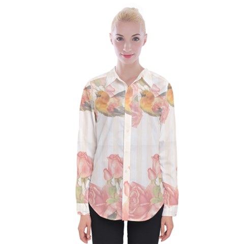 Vintage Roses Floral Illustration Bird Womens Long Sleeve Shirt by paulaoliveiradesign