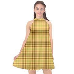 Plaid Yellow Fabric Texture Pattern Halter Neckline Chiffon Dress  by paulaoliveiradesign