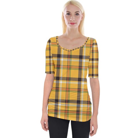 Yellow Fabric Plaided Texture Pattern Wide Neckline Tee by paulaoliveiradesign