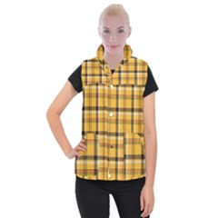 Yellow Fabric Plaided Texture Pattern Women s Button Up Puffer Vest by paulaoliveiradesign