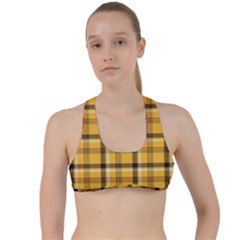 Yellow Fabric Plaided Texture Pattern Criss Cross Racerback Sports Bra by paulaoliveiradesign