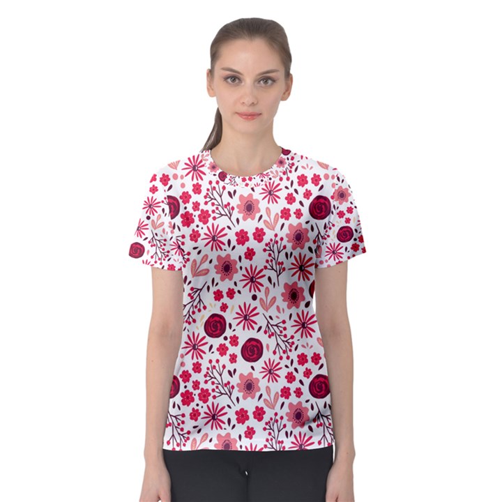 Red floral seamless pattern Women s Sport Mesh Tee