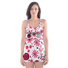 Red Floral Seamless Pattern Skater Dress Swimsuit