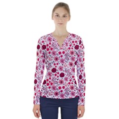 Red Floral Seamless Pattern V-neck Long Sleeve Top by TastefulDesigns