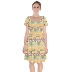 Hand Drawn Ethinc Pattern Background Short Sleeve Bardot Dress