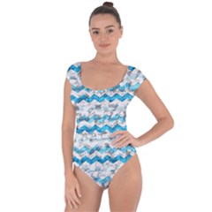 Baby Blue Chevron Grunge Short Sleeve Leotard 