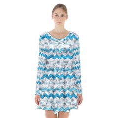 Baby Blue Chevron Grunge Long Sleeve Velvet V-neck Dress by designworld65