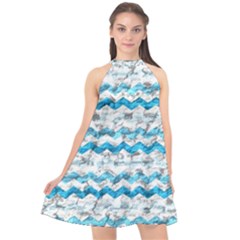 Baby Blue Chevron Grunge Halter Neckline Chiffon Dress 