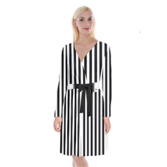 Black And White Stripes Long Sleeve Velvet Front Wrap Dress by designworld65