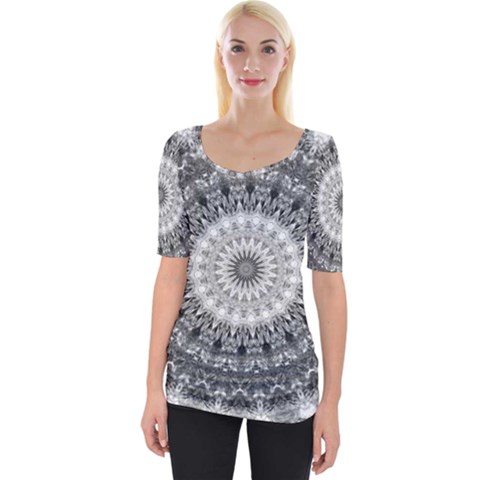 Feeling Softly Black White Mandala Wide Neckline Tee by designworld65