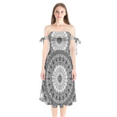 Feeling Softly Black White Mandala Shoulder Tie Bardot Midi Dress