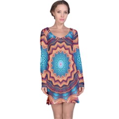 Blue Feather Mandala Long Sleeve Nightdress by designworld65