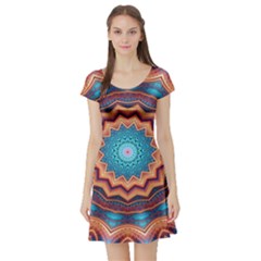 Blue Feather Mandala Short Sleeve Skater Dress by designworld65