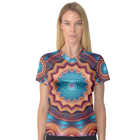 Blue Feather Mandala V-neck Sport Mesh Tee by designworld65