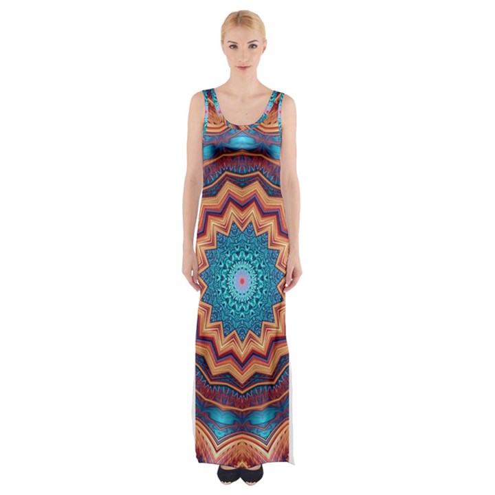 Blue Feather Mandala Maxi Thigh Split Dress