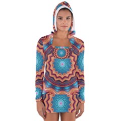 Blue Feather Mandala Long Sleeve Hooded T-shirt by designworld65