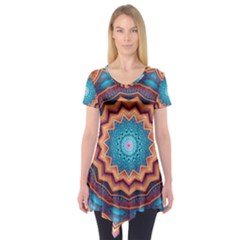 Blue Feather Mandala Short Sleeve Tunic  by designworld65