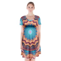 Blue Feather Mandala Short Sleeve V-neck Flare Dress by designworld65